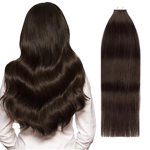 Miniatura 1 de YMEYME Extensiones de cabello humano con cinta, color marrón oscuro, cabello humano real, 2 extensiones de trama de piel lacio, sin costuras, 0