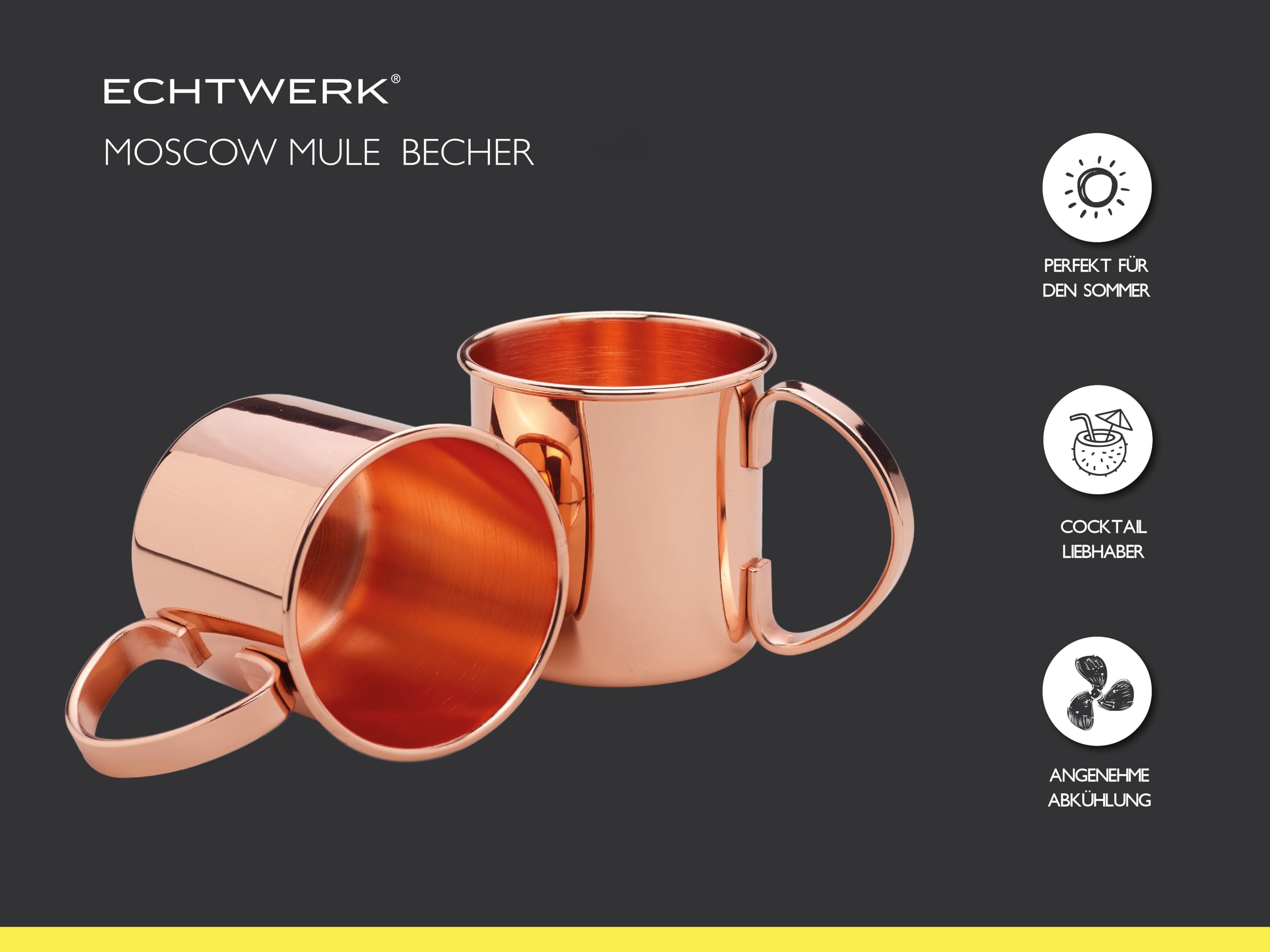 ECHTWERK set di bicchieri in rame, bicchieri in acciaio inox, set da cocktail, bicchieri da cocktail perfetti per gin, vodka, birra e bevande fredde, 4x bicchieri in rame da 450ml
