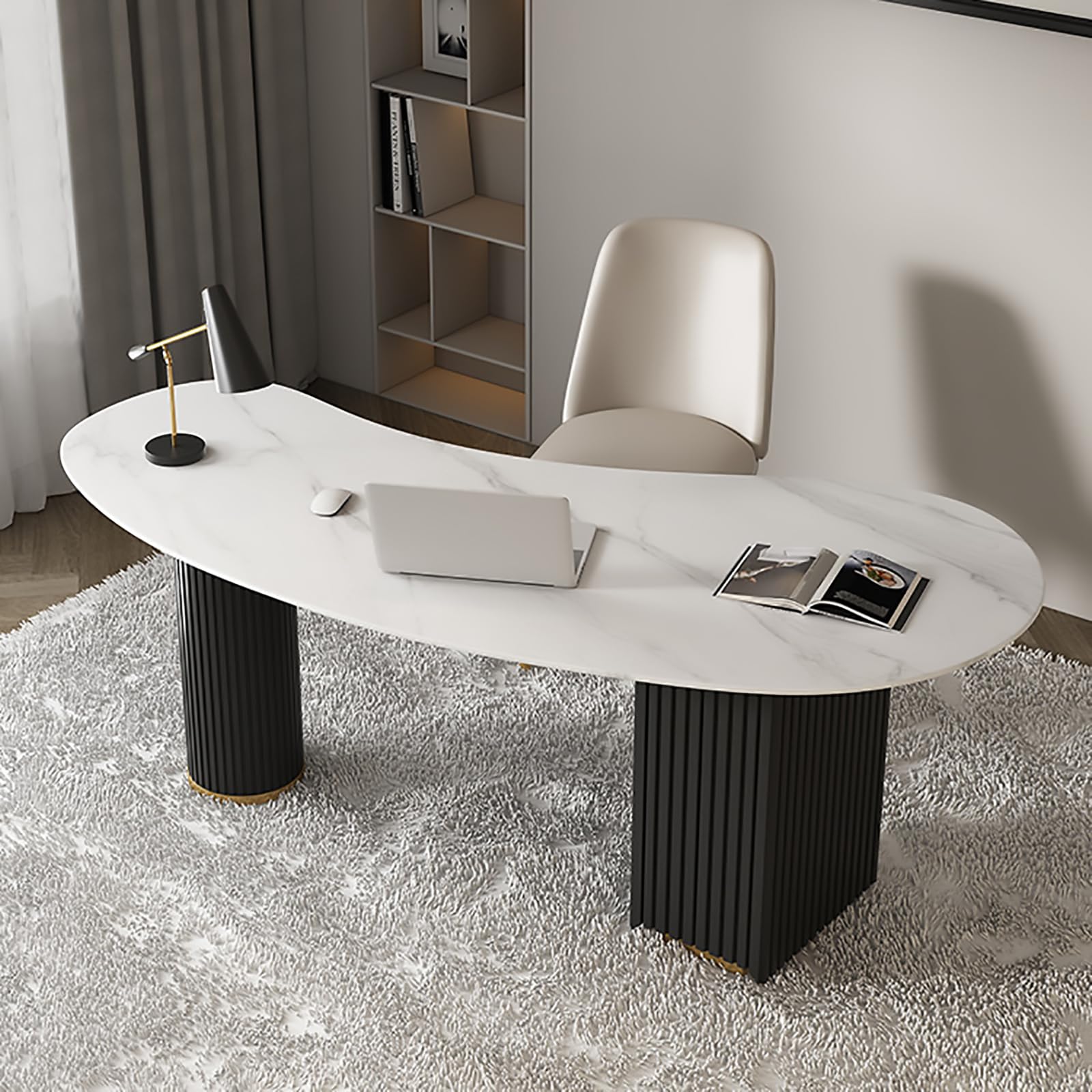 SUZEPER Modern Office Desk with Drawers, Irregular Shape Glam Desk Sintered Stone Metal Writing Desk Home Computer Desk Workstation-Table Only(70.9" L