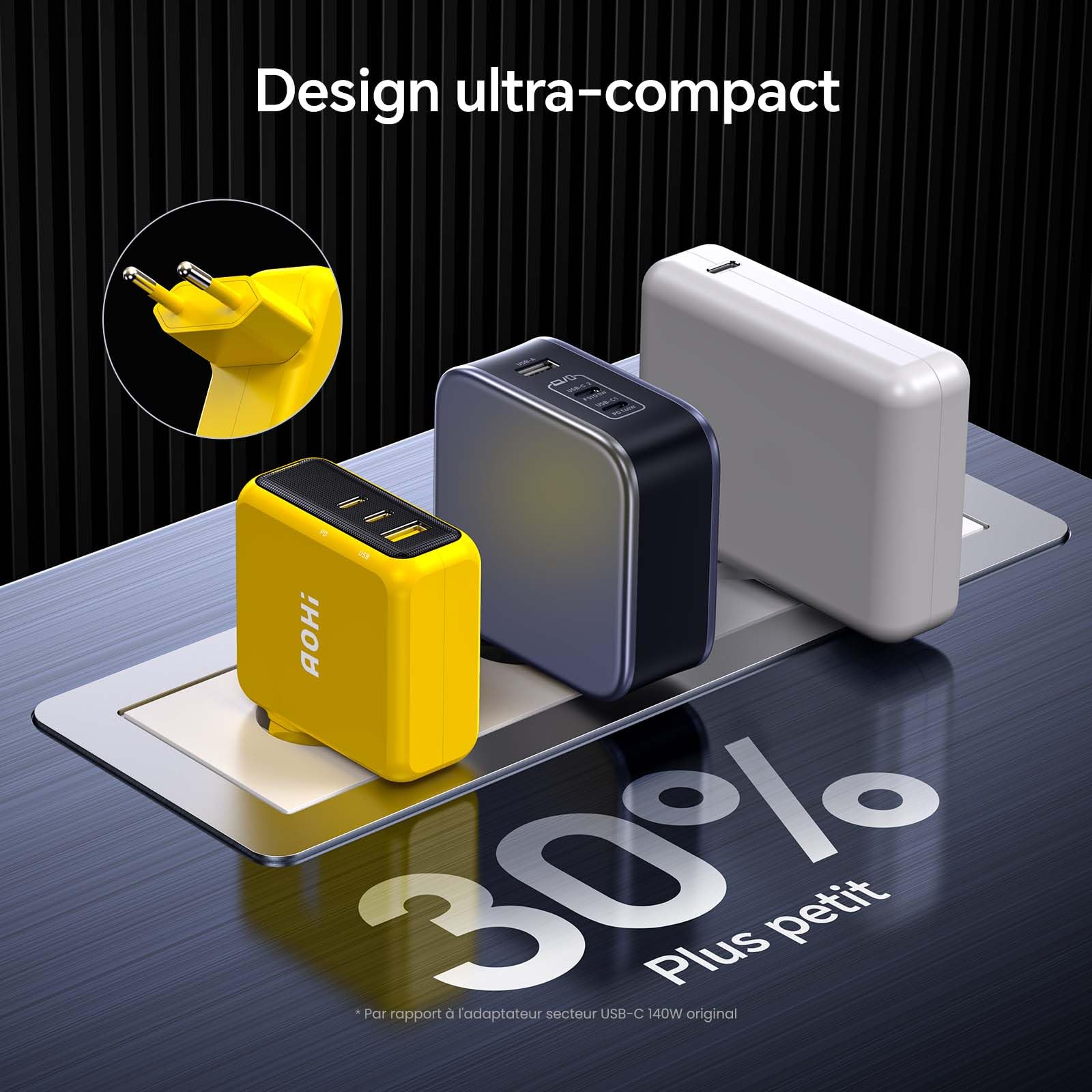 AOHI Magcube Chargeur USB C 140W PD3.1 3-Port GaN 100W Chargeur Mural Jaune