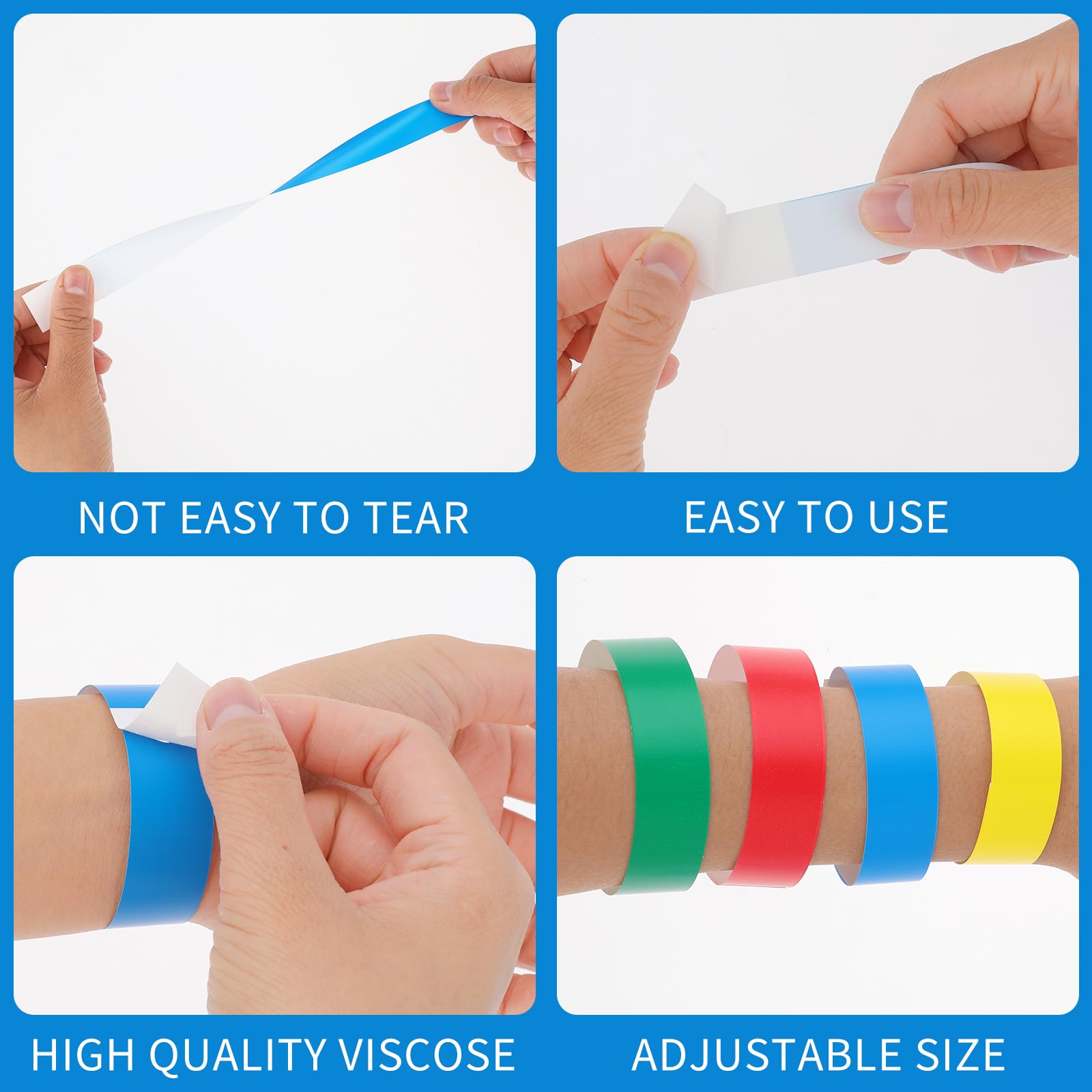 200 pulseras de entrada para eventos, resistentes al agua, con cierre adhesivo, 4 colores, para eventos de neón, para festivales (verde, rojo, amarillo, azul)