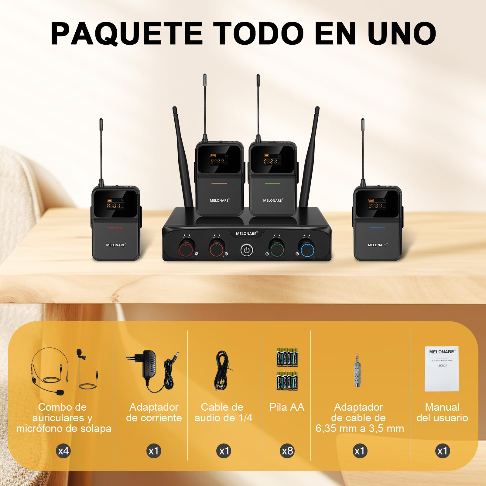 MELONARE Sistema de micrófono inalámbrico UHF Compacto MWM-41-4B | 4 micrófonos de diadema/solapa, 4 x 10 frecuencias, alcance de 60 m, manos libres para voz, iglesia, conferencia