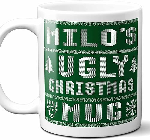Milo Name Christmas Gift. Personalized Ugly Christmas Sweater Coffee Mug. Funny Custom Xmas Gift, Stocking Stuffer For Friends, Coworkers And Person