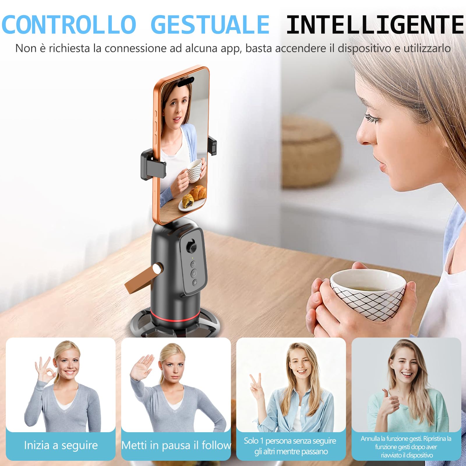 Gimbal per smartphone AI, Bwaliffury Stabilizzatore per iPhone, Android pieghevole, Auto Face Tracking Treppiede per cellulare con tracciamento di rotazione a 360°,Ricaricabile per Registrazione video