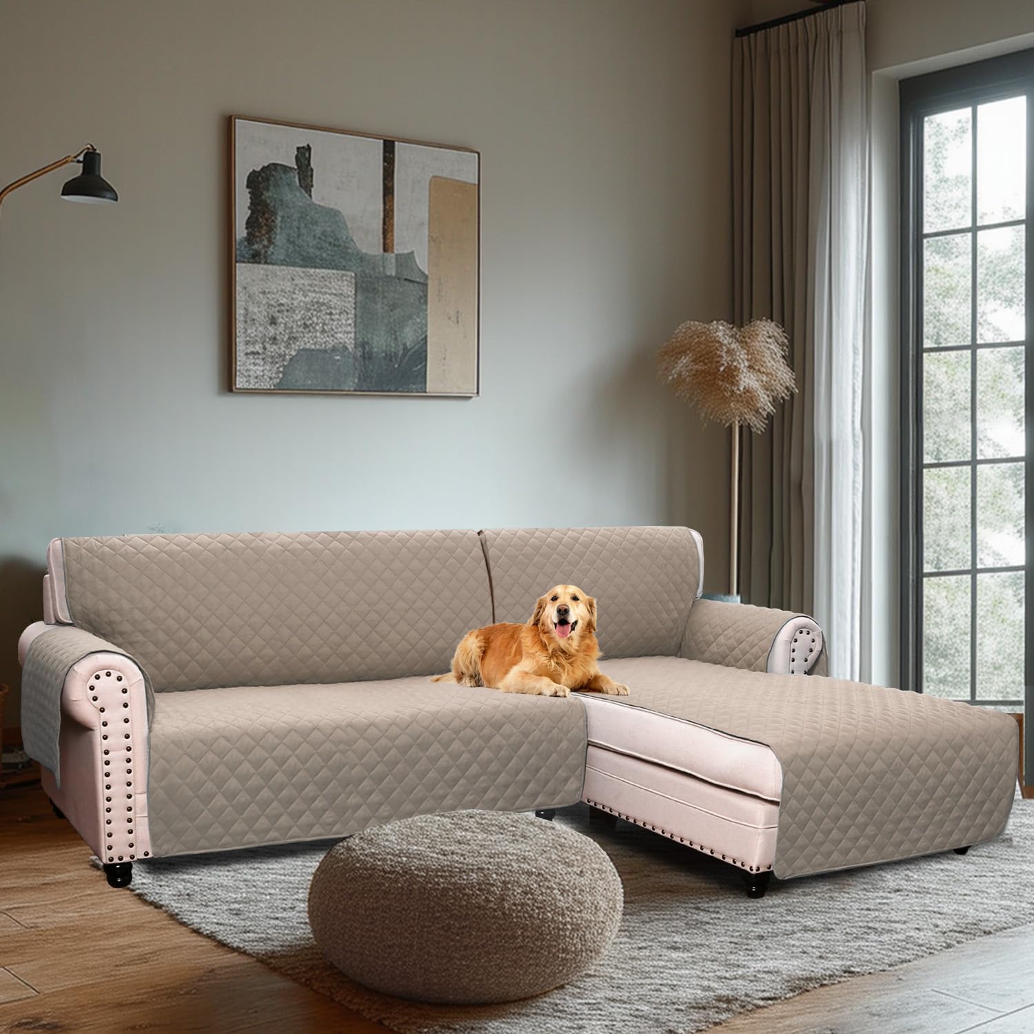 H.Versailtex Water Resistant Sofa Covers for Sectional Sofa 2-Piece Non Slip Corner Sofa Cover Sectional Couch Cover L Shaped for Dogs (Right Chaise Lounge Cover + 3 Seat Sofa Cover, Sand)