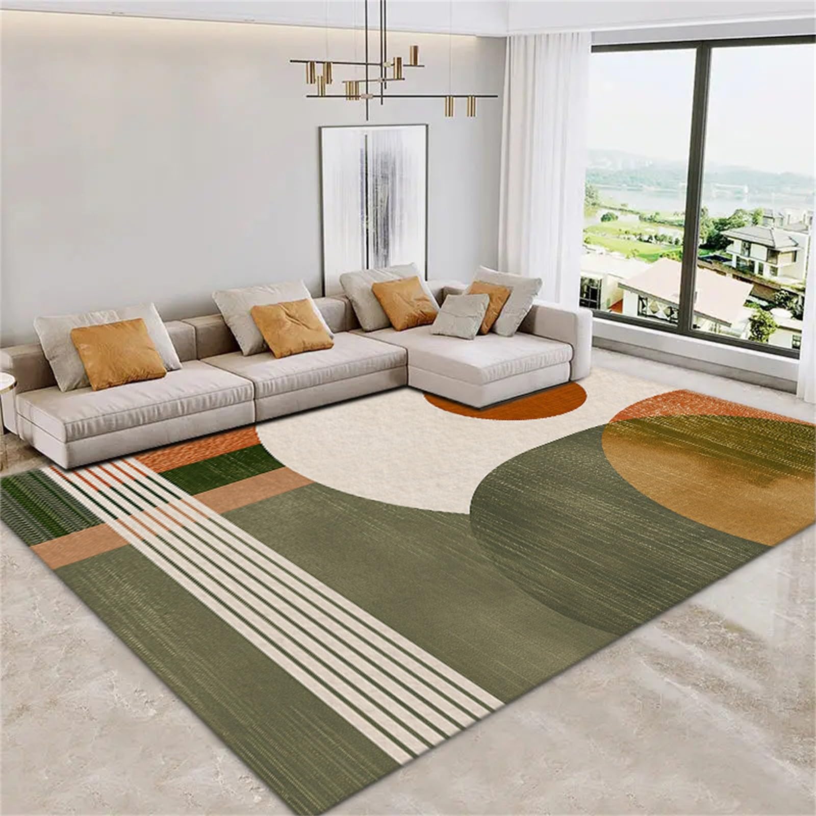 Tapis Salon Lignes Géométriques Modernes Abstraites Cercles Vert Olive Lavable Pile Courte et Douce, Rectangulaire Tapis Chambre Intérieur Extérieur Dessous antidérapant 160x230 cm