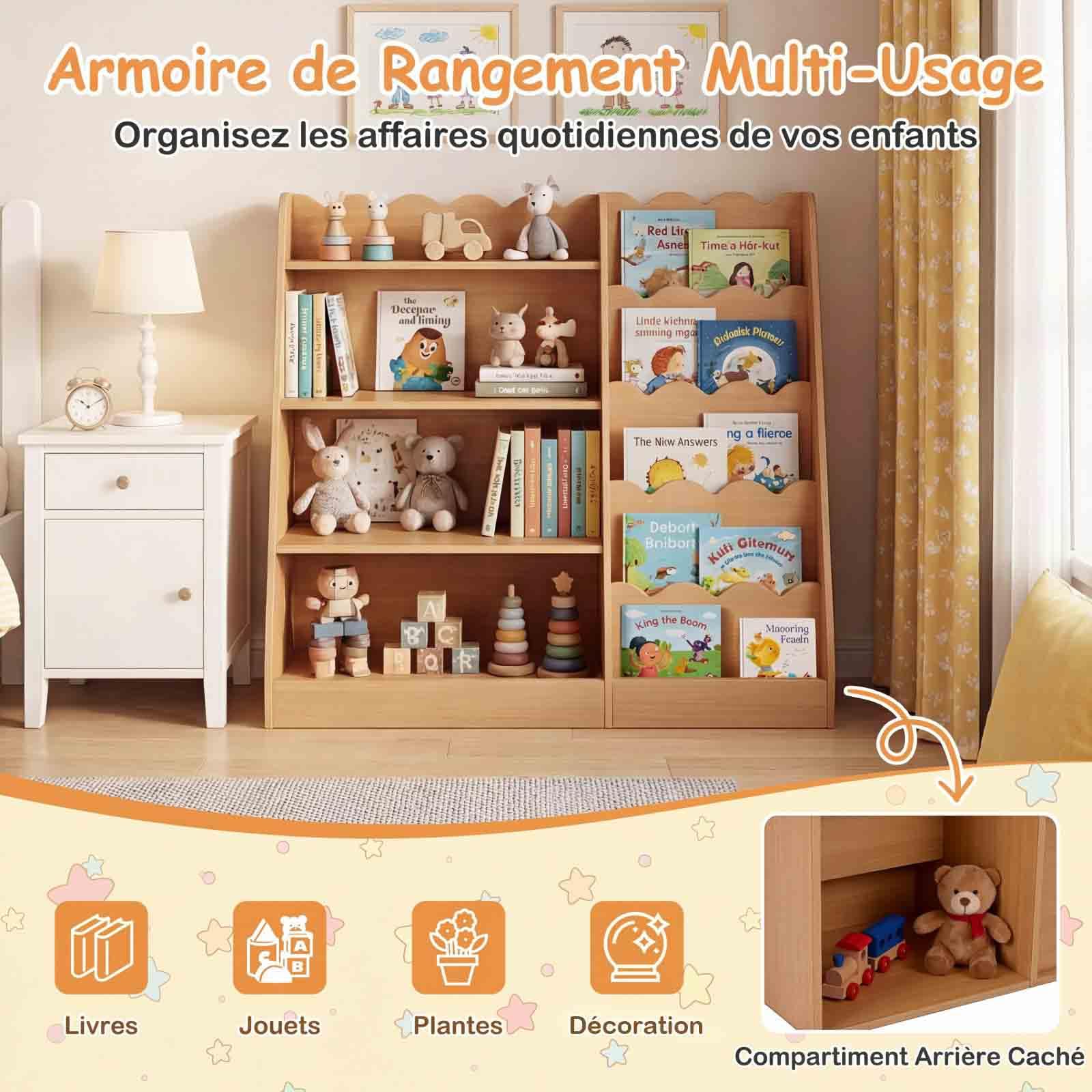 COSTWAY Bibliothèque Enfant Montessori avec 5 Niveaux Ondulés, 4 Étagères Ouvertes, Étagère à Livres en Bois avec Kits Anti-basculement, Meuble Rangement pour Chambre Salle de Jeux Crèche (Naturel)