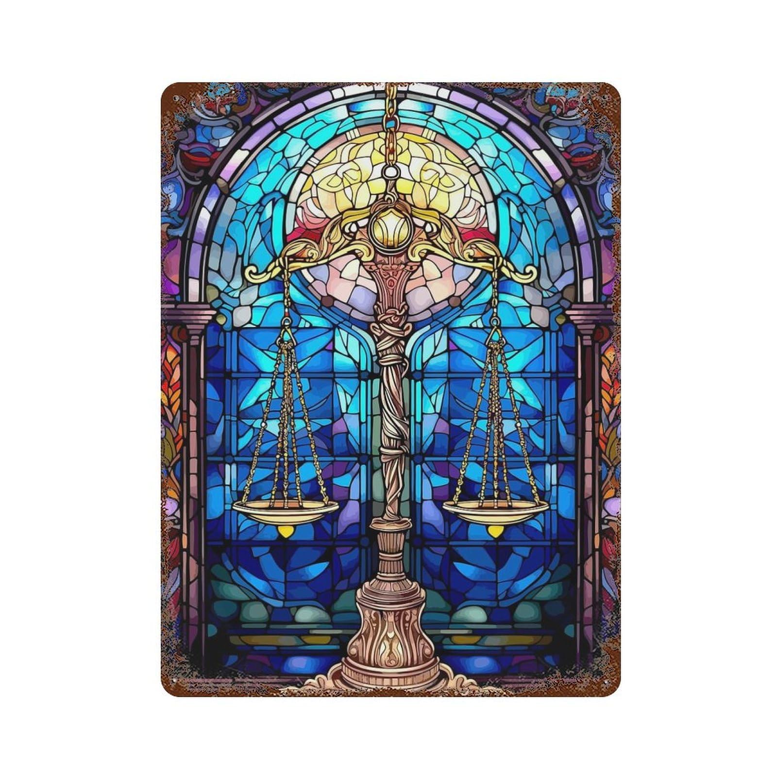 Stained Glass Scales of Justice Retro Metal Sign 15.7"x11.8", for Garage, Bar And Workshop Decor, Shabby Chic Decor