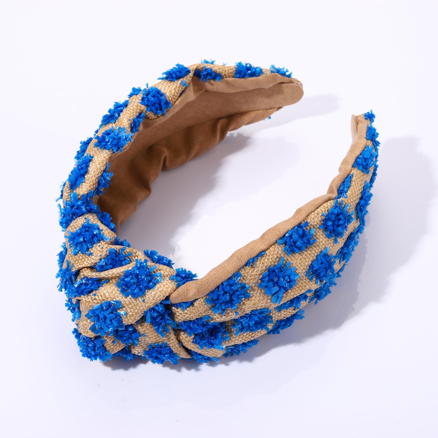 ZITULRY Women's Boho Wide Knotted Rattan Woven Headbands with Pom Pom Hair Hoop - Summer Beach Party Hair Accessories (Raffia Hairband Bule) - Image 2