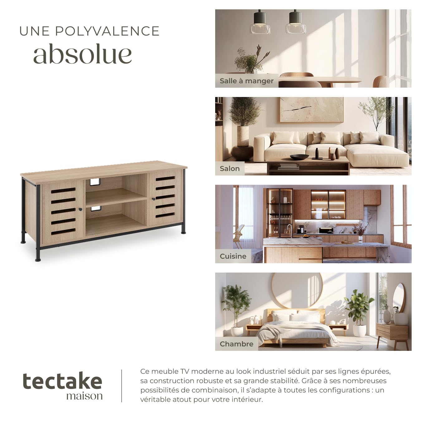 tectake® Meuble TV 110 x 41,5 x 50,5 cm, Style Industriel, Bois & Acier | Pieds réglables, 2 compartiments aux portes magnétiques, étagère réglable, capacité 50 kg, Buffet bas, Bois clair industriel