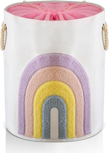 INough Cesta de bebé rosa, cesta de lona XL de 58 litros con cierre de cordón, decoración bohemia de arco iris