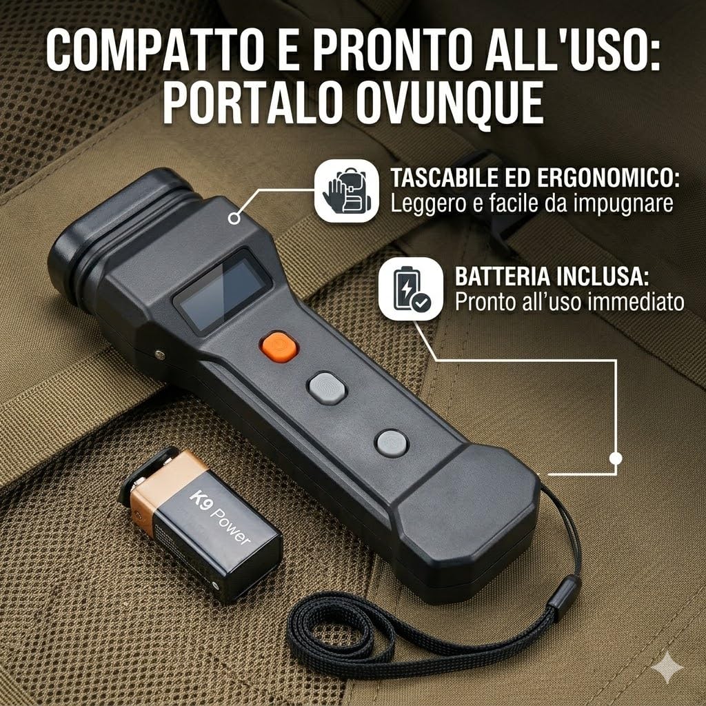 K9 Blocker Dissuasore Ultrasuoni per Cani Aggressivi con Luce LED Flash - Repellente Portatile Professionale per Difesa Personale - Strumento Anti Abbaio per Addestramento - Portata 20m - Sicuro