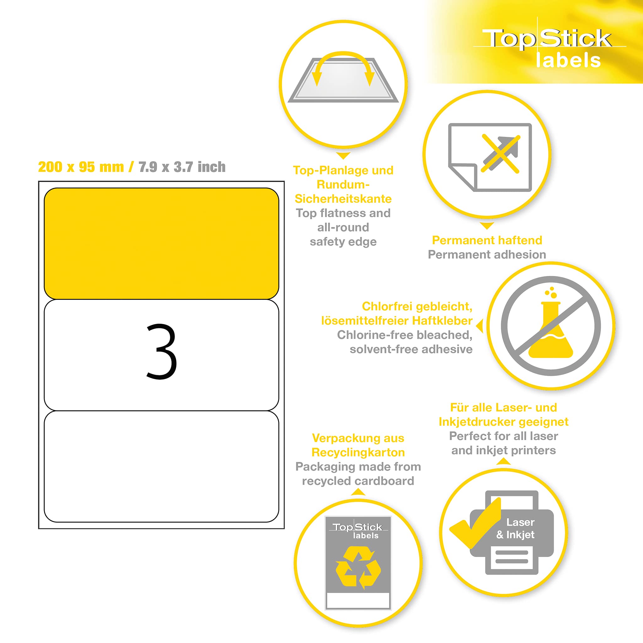 topstick 8793 Etiquetas universales A4 grande, paquete de 10 (200 x 95 mm, 1000 hojas, papel, mate) autoadhesivas, imprimible, pegatinas de dirección permanentes, 3000 adhesivos blancas