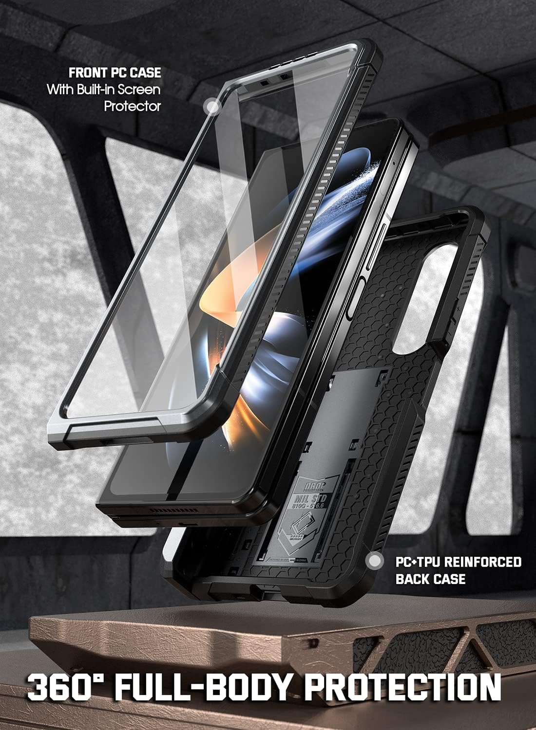 Poetic Spartan Galaxy Z Fold 4 Case, S Pen Holder, Screen Protector, Kickstand, Rugged Hinge Protection, Metallic Gun Metal