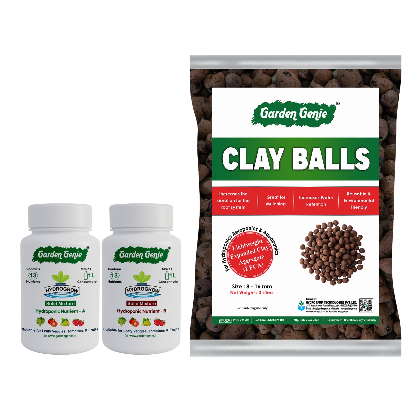 Hydroponic Nutrients A & B Solid Mixture Solution 450g (Powder) and Leca Clay Balls for Hydroponics, Aeroponics, Aquaponics & Pot Plants 2.6 Liters (8-16mm)