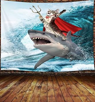Viajar Cat Riding Shark Tapestry, Japanese Style Wall Art, Bedroom Aesthetic, Funny Cat Tapestry for Kids, 60X40 Inch