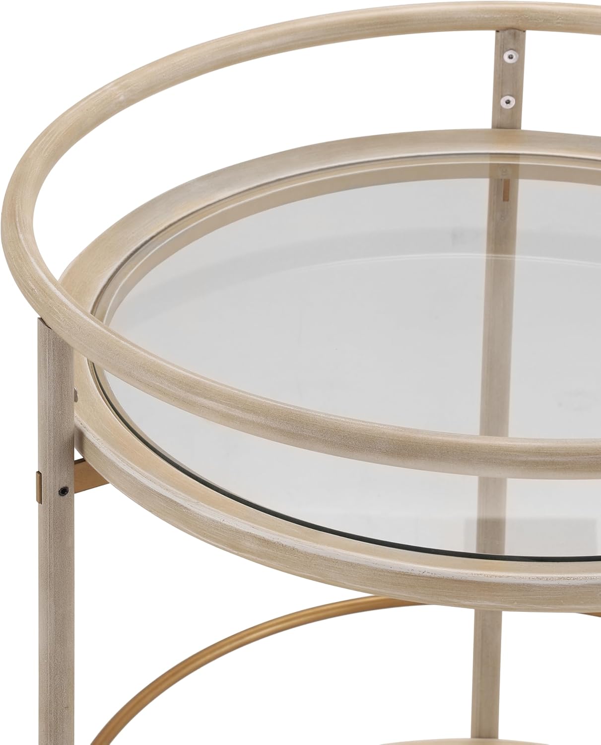 GDFStudio Round Bar Cart with Dual Tempered Glass Shelves, Gold Metal Accents and Lockable Wheels, Distressed White Finish Modern Beverage Trolley for Living Room, Dining Room or Kitchen