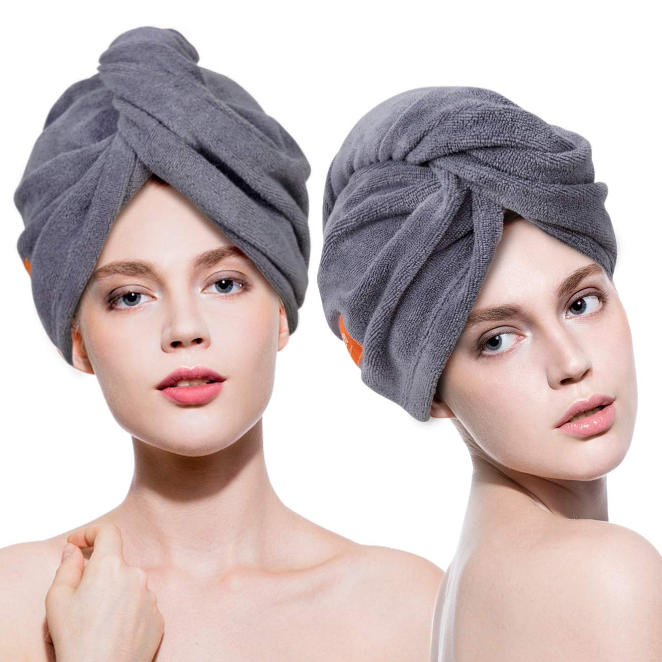 Lovife 2 Pack Microfiber Hair Towel Wrap 11inch X 26 inch Quick Drying Absorbent Hair Towels Turban Long Curly Hair Anti-Frizz for Women (Grey+Grey)