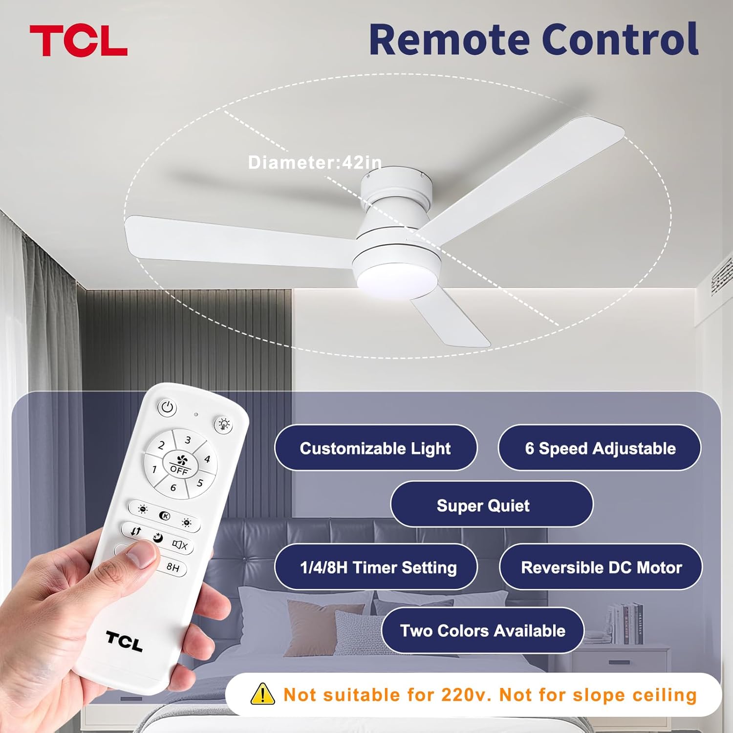 TCL Ceiling Fans with Lights, 42 inch 3 blades Low Profile and Remote Control, Reversible, Flush Mount, 3CCT, Dimmable, Noiseless, Black Ceiling Fan for Bedroom, Indoor/Outdoor Use (White, 42 Inch)