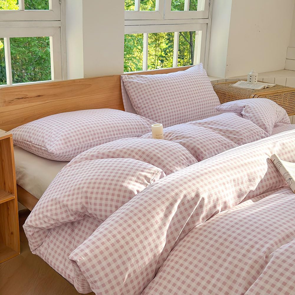 NSNLGSGC Pink Gingham Grid Duvet Cover Set Queen, 100% Washed Cotton Plaid Comforter Cover Set, Ultra-Soft & Lightweight Cottage Bedding Set(3PCS, Queen)