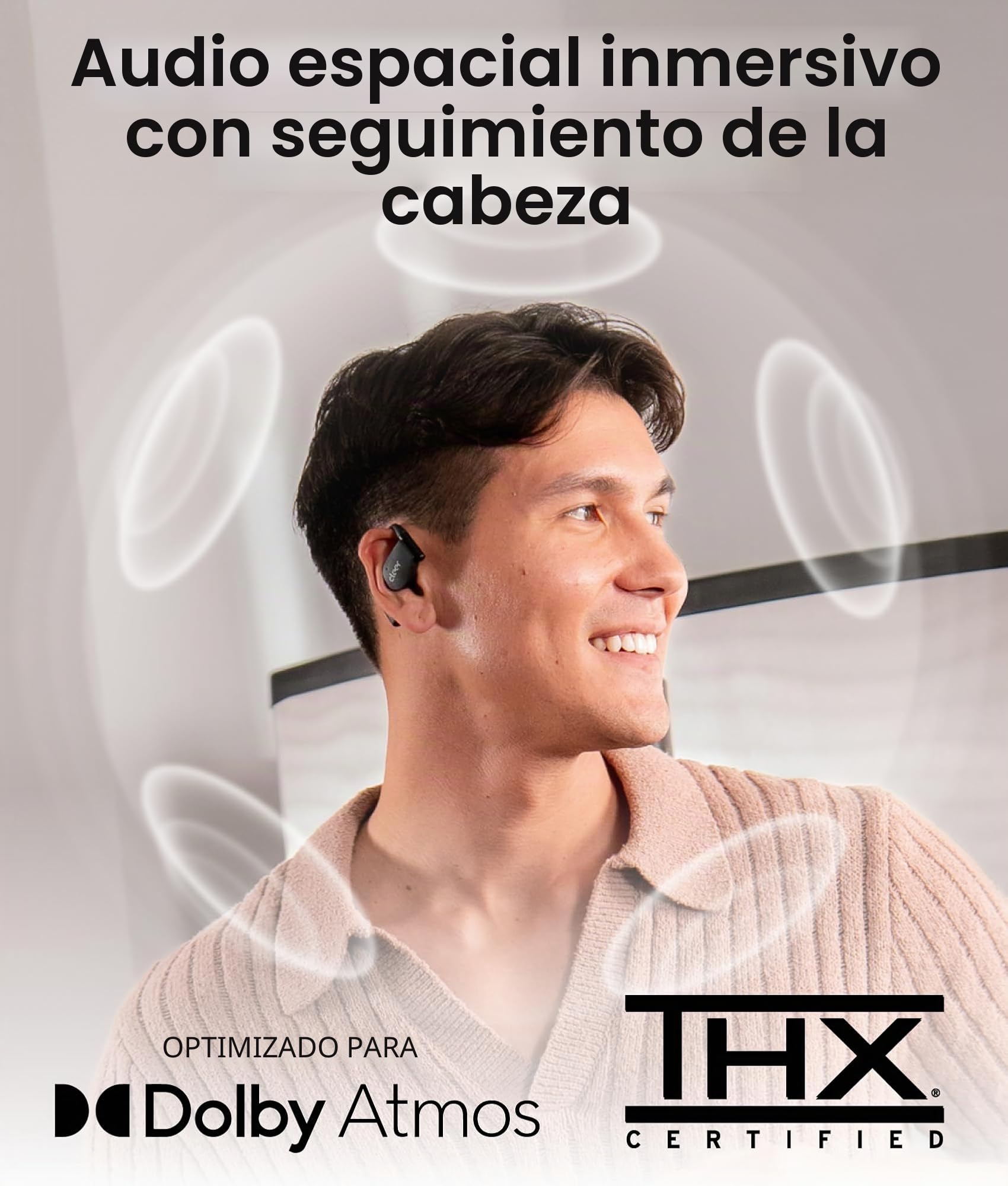Cleer ARC 4 Plus - Auriculares de oreja abierta, auriculares Bluetooth inalámbricos con audio Dolby y seguimiento de cabeza, auriculares con gancho para la oreja con tiempo de reproducción de 34 horas