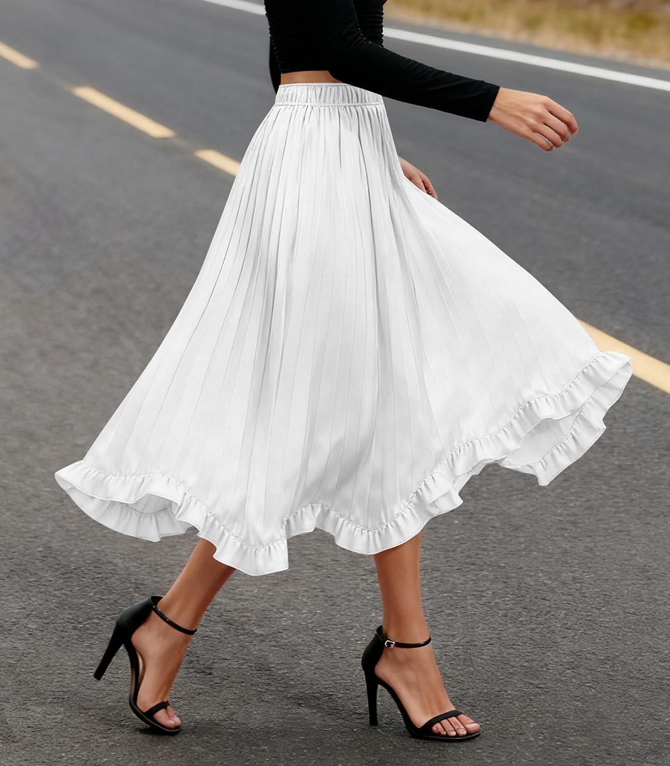 ETOSELL Satin Midi Skirt for Women Pleated Elastic Waist Relaxed Fit A-Line Slip Skirt with Ruffle Hem