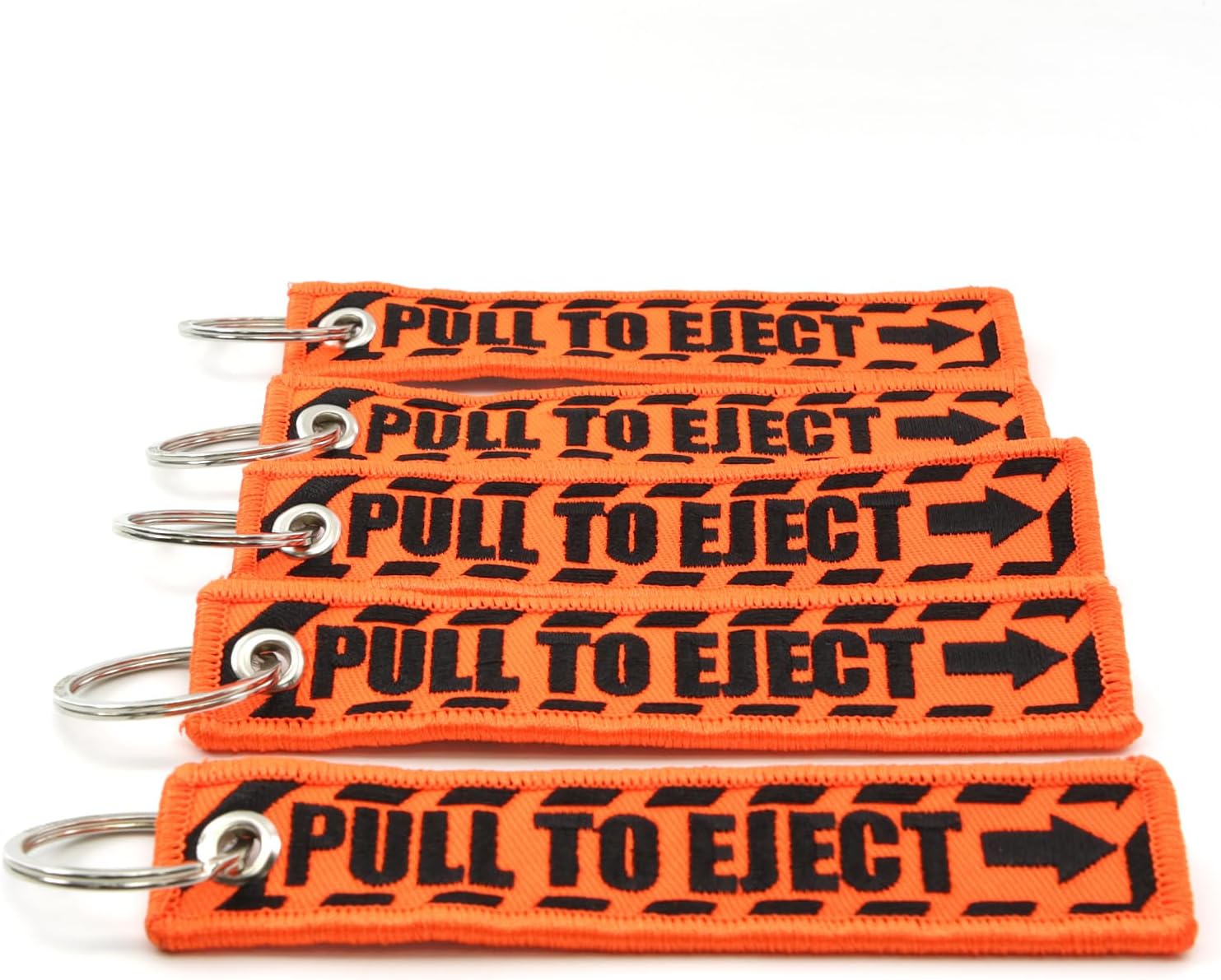 PULL TO EJECT - Jet Tag Key Chain NEON ORANGE/black Letters 1 inch x 5 inches 100% Embroidered