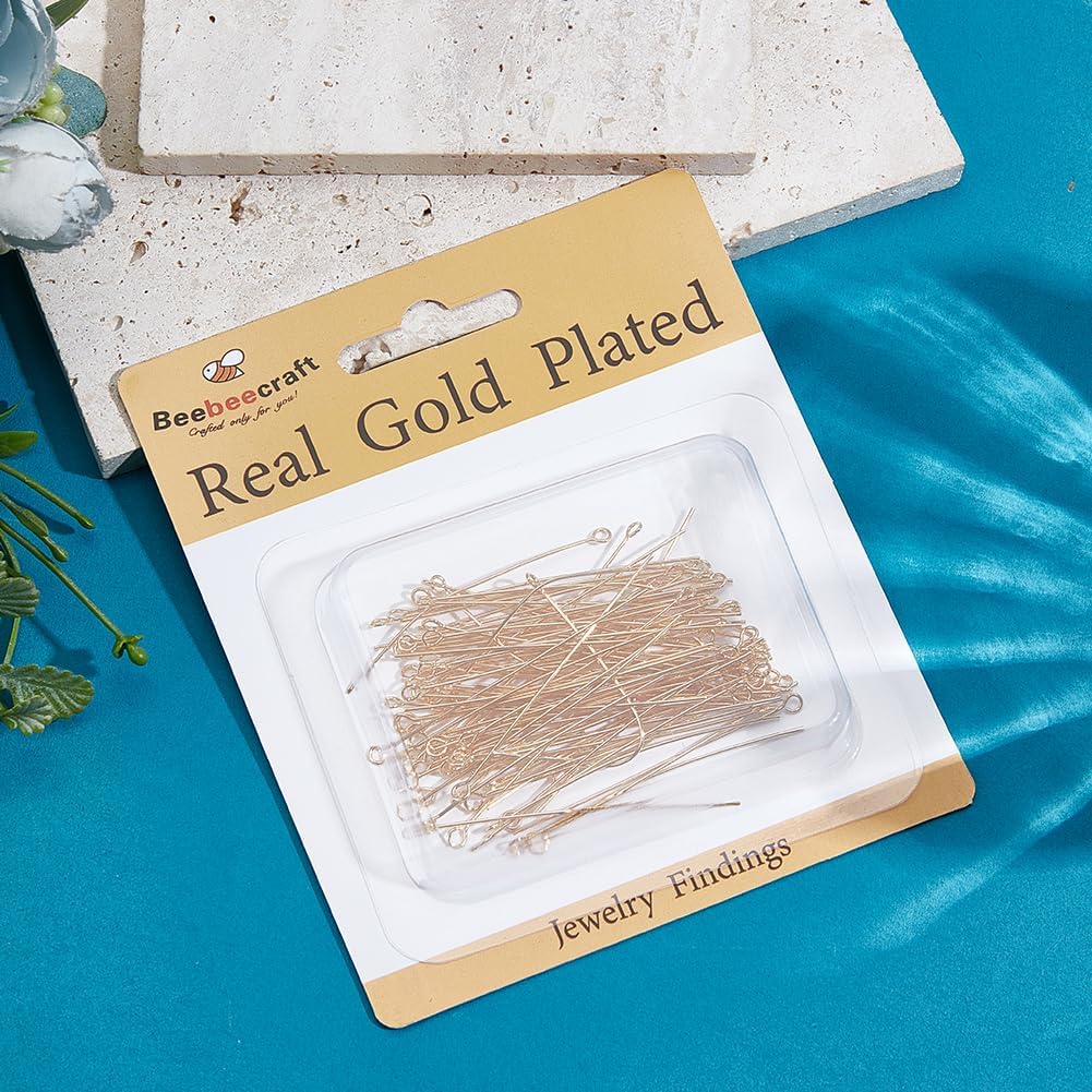 Beebeecraft 100Pcs Open Eye Pins 2 Inch 24K Gold Plated Round Earring Head Pins for Charm Beads DIY Jewellery Making Finding Hole: 1.8mm/21 Gauge