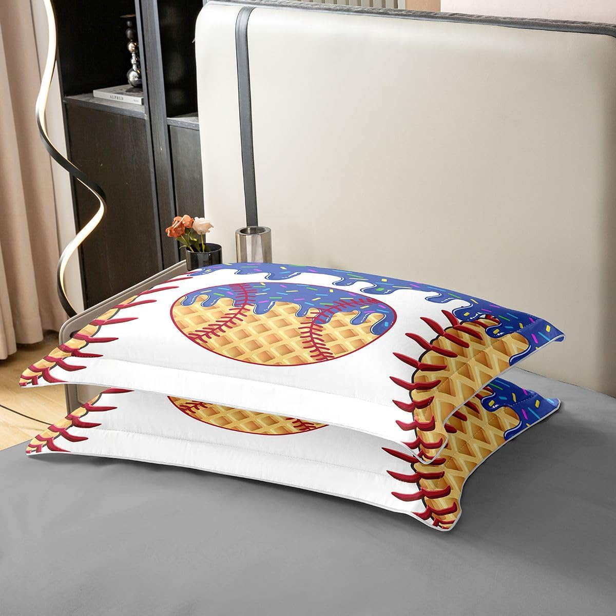 Castle Fairy 100% Nature Cotton Baseball Duvet Cover Queen Size 3 Pcs Red Yellow Ice Cream Drip Bedding Set Room Decor Gifts Ball Sports Theme Comforter Cover,Comforter Not Included image 5