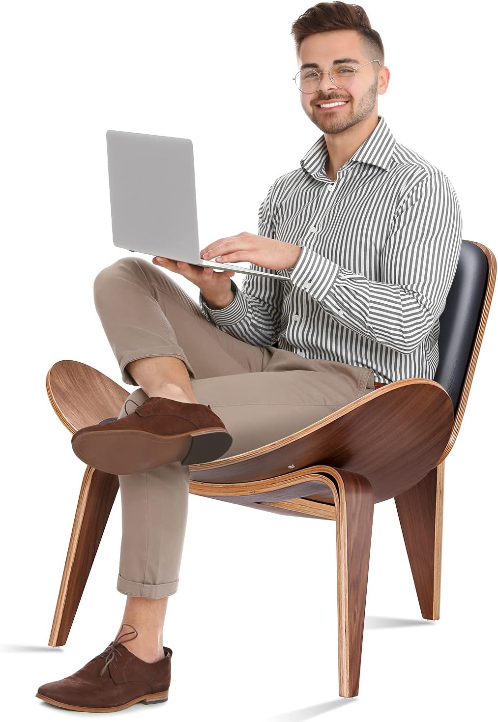 Mid Century Modern Shell Lounge Chair, Faux Leather, Scandinavian Furniture Tripod Plywood Classic Design Solid Wood Accent Chairs for Living Room, Reading, Lounge, Office, Salon