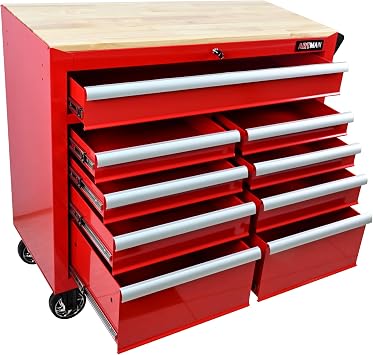 9-Drawer Multifunctional Tool Cart with Wooden Top and Heavy-Duty Wheels