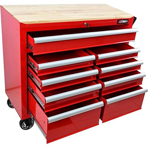 Heavy Duty Rolling Tool Chest with 9-Drawer Wood Top Tool Cart Mechanic Tool Box with Wheels Tool Storage Cabinet Mobile Workbench Tool Bench for Garage, Warehouse, Workshop, Repair Shop (Red)