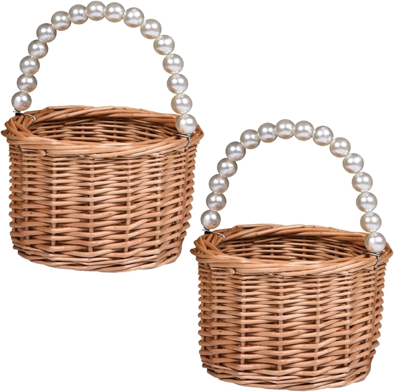 BETAULIFE Wicker Rattan Flower Girl Basket with Bows,Pearl