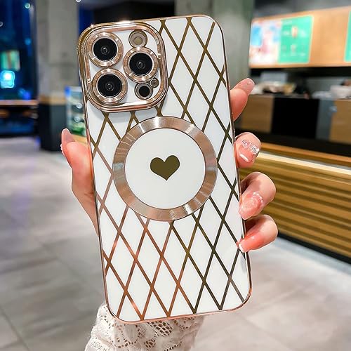 Miniatura 5 de Weonmov Funda para iPhone 14 Pro Max compatible con MagSafe, funda suave de lujo para teléfono con corazón de rombo, protección completa de lente de
