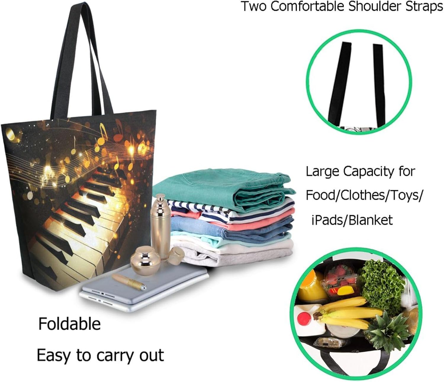 Extra Large Shoulder Grocery Tote Bag, Abstract Piano Gold Musical Notes Black Canvas Durable Daily Handle Bag Reusable for Gym Weekender Picnic Yoga Beach Travel Kitchen Market Shopping