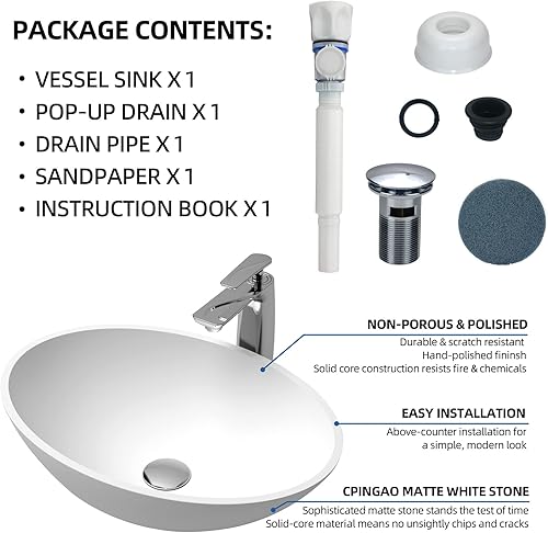 Miniatura 5 de Fregadero ovalado de 20 x 14 pulgadas, color blanco mate, con forma de huevo, para colocar encima de la encimera, lavabo para baño, 2223