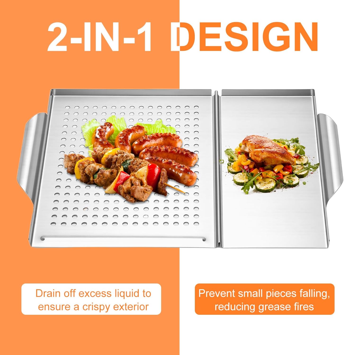 BBQ Grill Pan, Stainless Steel Grill Griddle with Handles Holes, Portable Grill Pans Tray for Gas Charcoal, Outdoor Flat Top Grilling Pan for Vegetables Meats