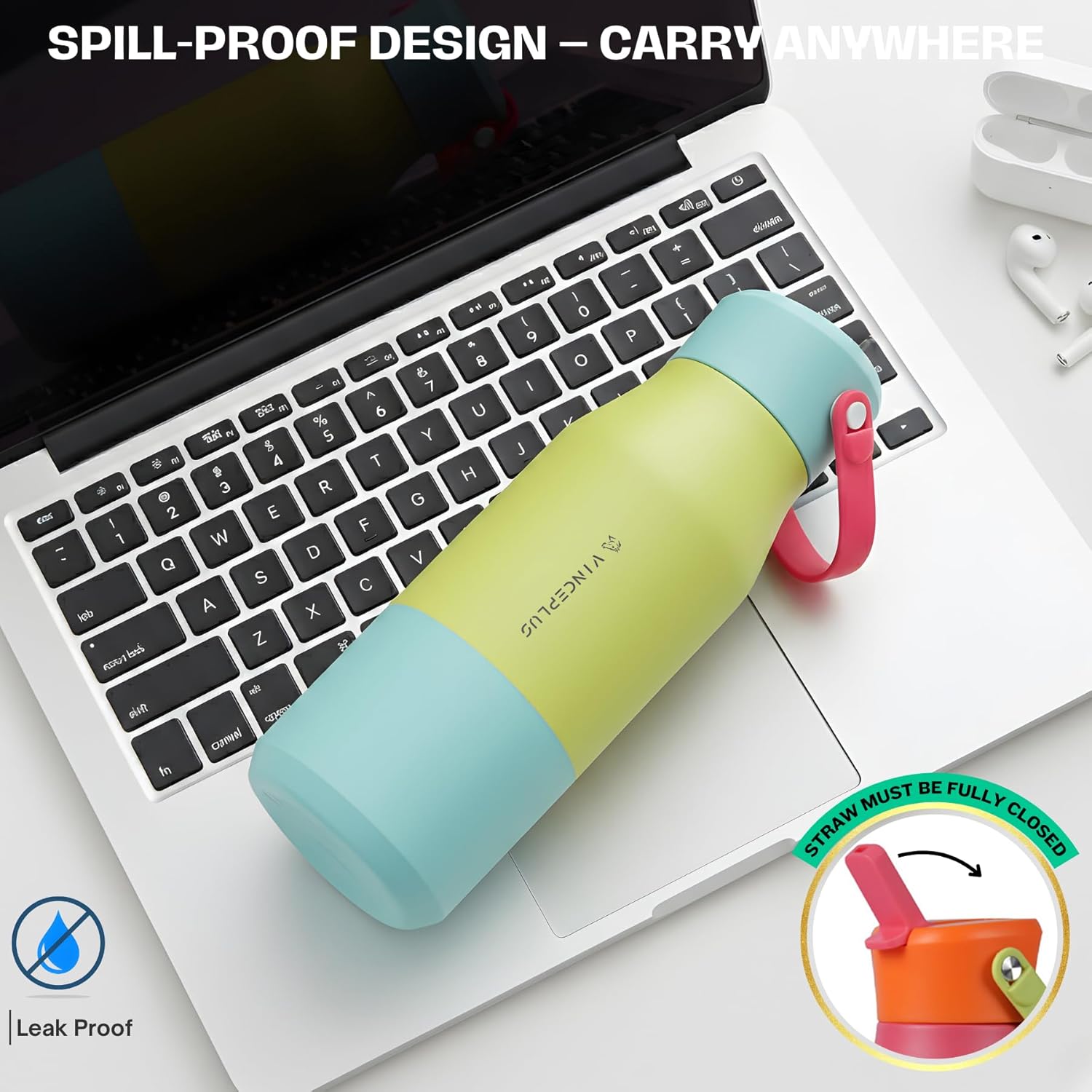 23oz Insulated Water Bottle for Sports: VINCEPLUS Stainless Steel Bottle with Straw Lid - Leak Proof, Cold for 24 Hours, Fits Car Cup Holder, BPA-Free for Travel Gym (Green,23oz)