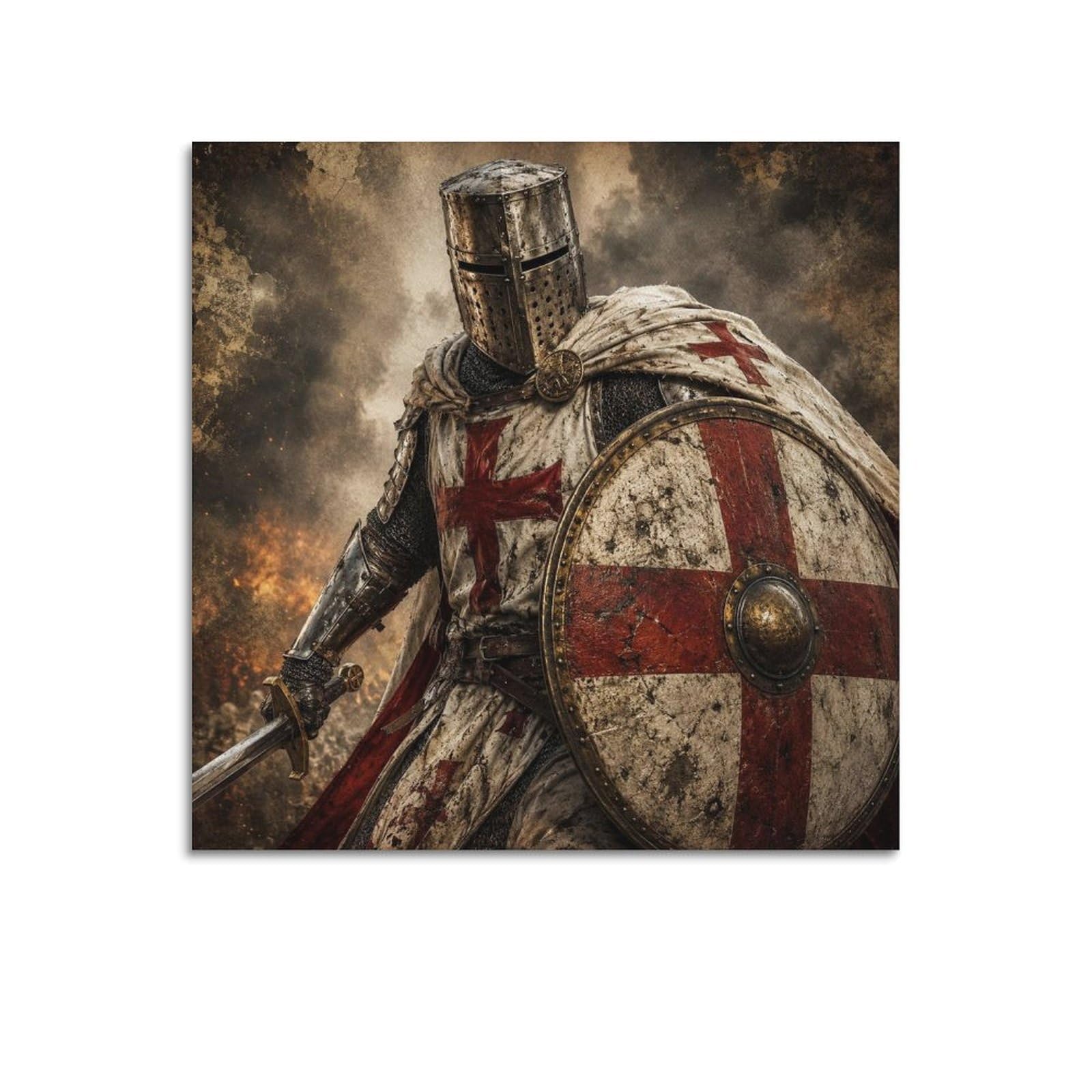 XKUGA Templar Knight Red Cross Gothic Poster Shield Sacred Armor Modern Decorative Canvas Prints - Ideal Wall Art for Family, Man Cave, Game Room, Boys & Girls Bedroom 16x16inch(40x40cm)