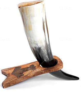 Norse Tradesman Genuine 20" Ox-Horn Viking Drinking Horn with Solid Wood Stand Featuring Brass Thors Hammer Placard | Burlap Gift Sack Included | The Mjolnir, High-Polish