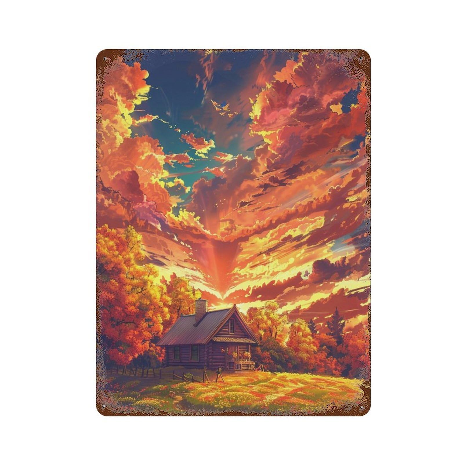 Garage Style Autumn Cabin in Field-2 Rusty Metal Tin Sign 15.7"x11.8", Classic Wall Plaque for Bar And Workshop