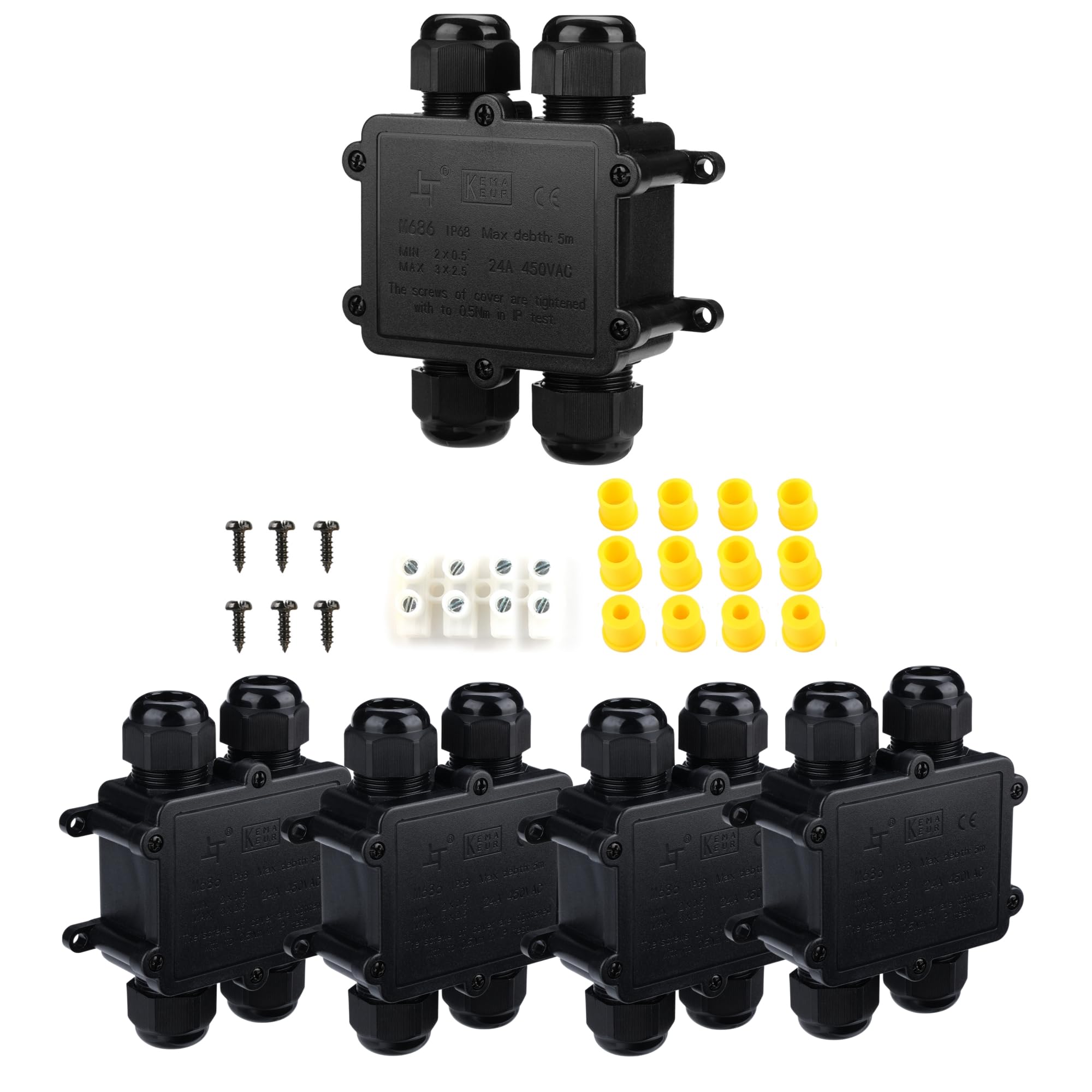 Tynoscco IP68 Waterproof Junction Box Outdoor,4-Way H Electrical Splice Box Outdoor with 4 Cable M25 Gland Wire Connector Extension Electrical Cable Protector for Diameter Cable Ø4-14mm Black