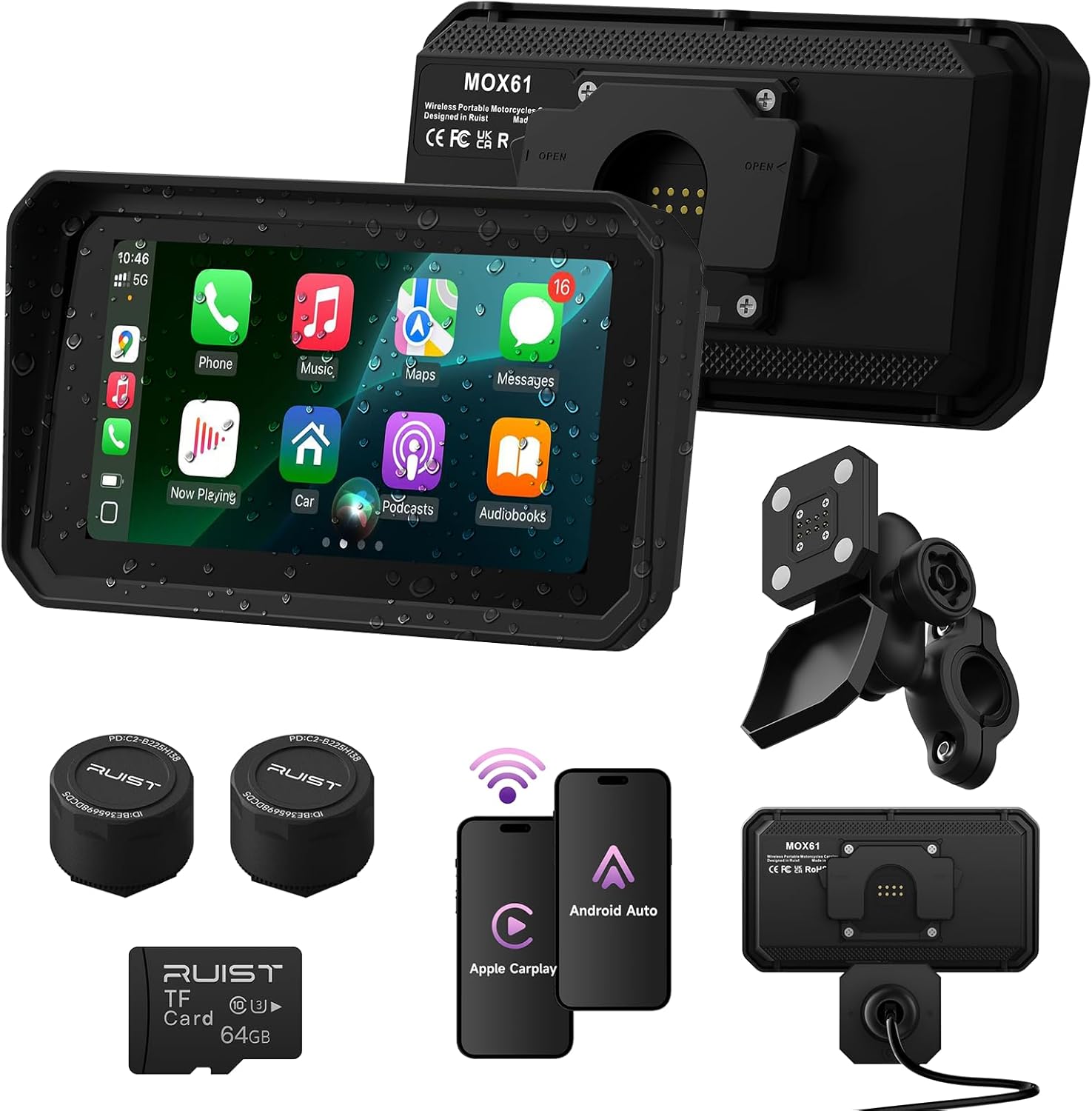 MOX61 Motorcycle Carplay HD Touchscreen 6.1", Wireless Apple CarPlay & Android Auto, IP67 Waterproof GPS with TPMS, Dual Bluetooth, Magnetic Mount, Voice Control