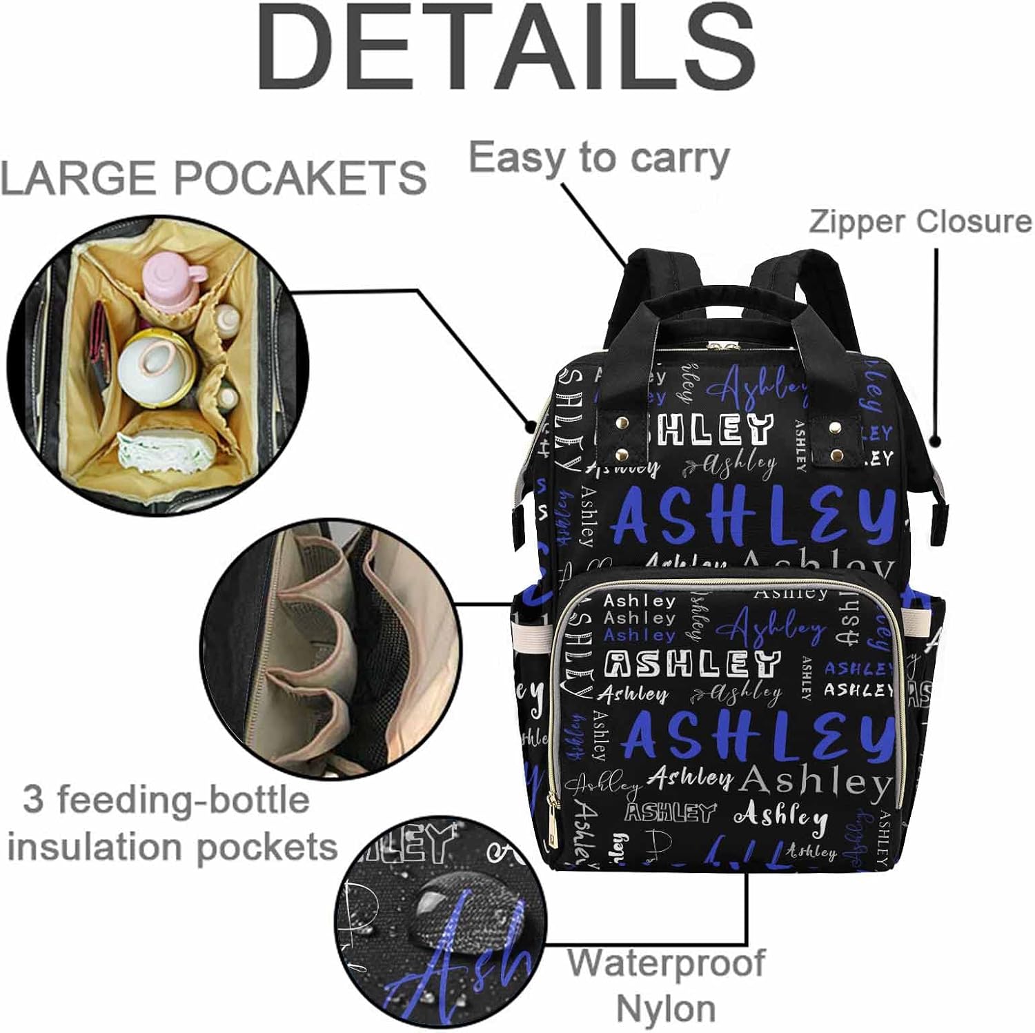 MyPupSocks Personalized Diaper Bag Backpack with Name, Custom Name Mommy Nappy Bags, Gift for New Mom Baby Girl Boy Newborn