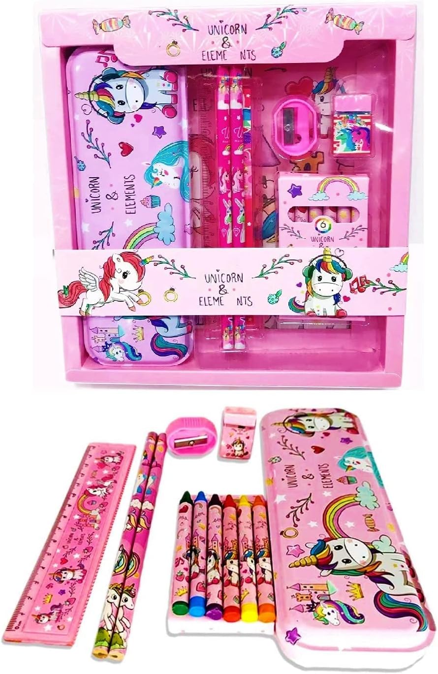 PRIME DEALS Kids Unicorn Stationary Kit for Girls Pencil Pen Book Eraser Sharpener - Stationary Kit Set for Girls/Birthday Gift (Unicorn 12 Pcs), Pink