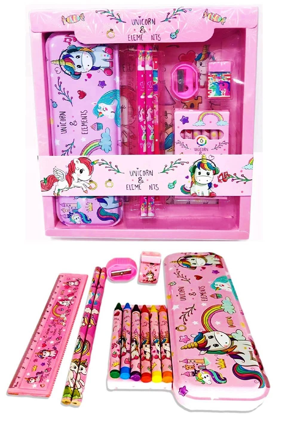PRIME DEALS Kids Unicorn Stationary Kit for Girls Pencil Pen Book Eraser Sharpener - Stationary Kit Set for Girls/Birthday Gift (Unicorn 12 Pcs), Pink