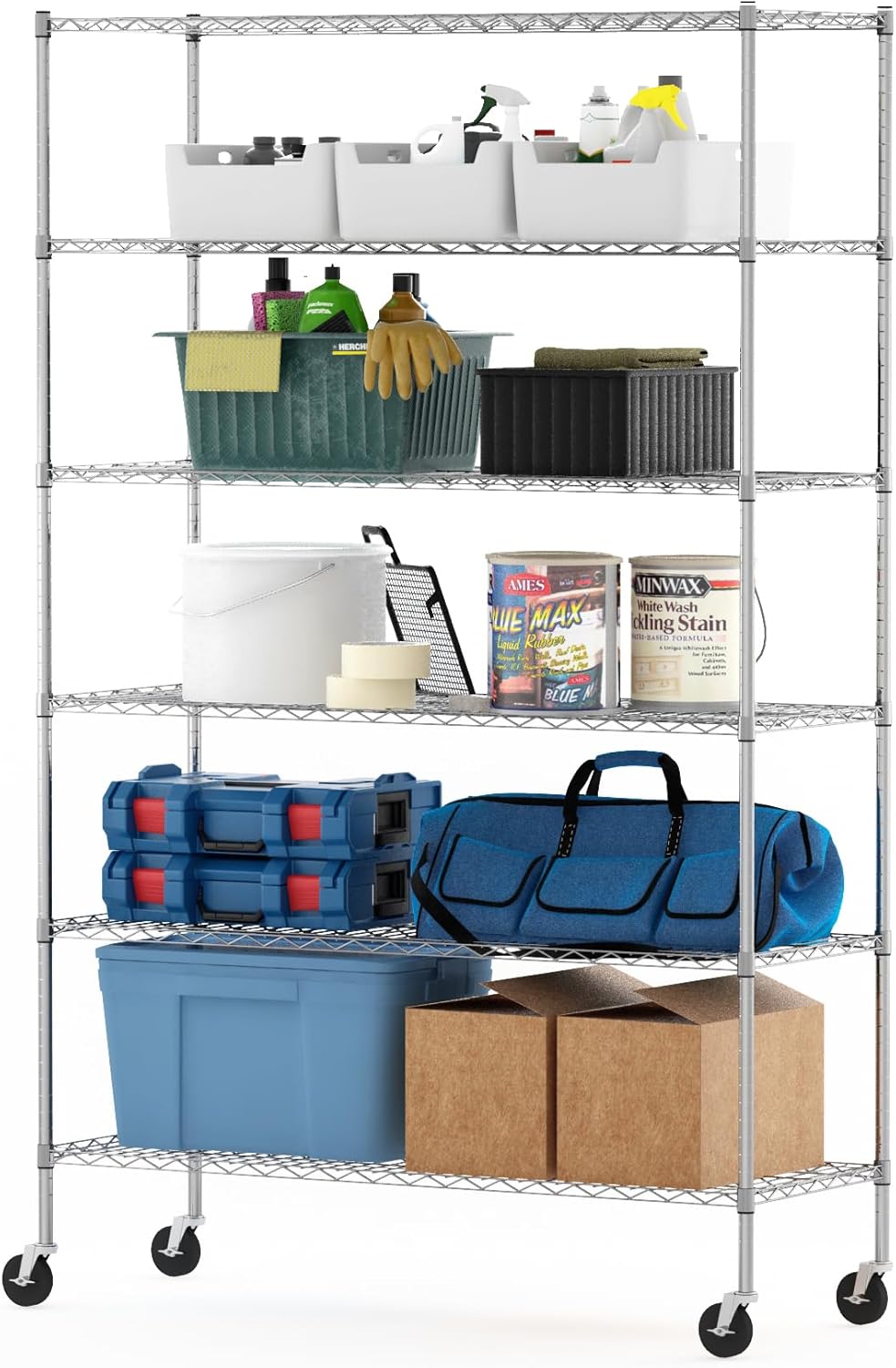 Furinno Wayar 4-Tier Metal Storage Shelf Rack Cart with Casters, 36 x 14 x 58, Stainless Steel