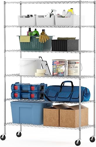 Furinno Wayar Estante de almacenamiento de metal, 6 niveles, 48 pulgadas, acero inoxidable