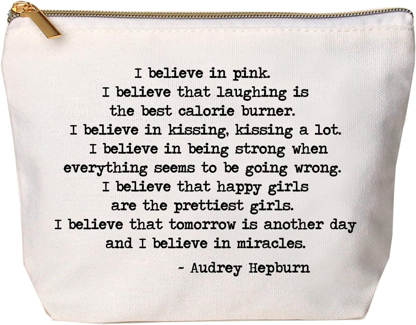 Jules Natural Canvas Cosmetic Bag With Zipper Closure I Believe In Pink Audrey Hepburn Quote