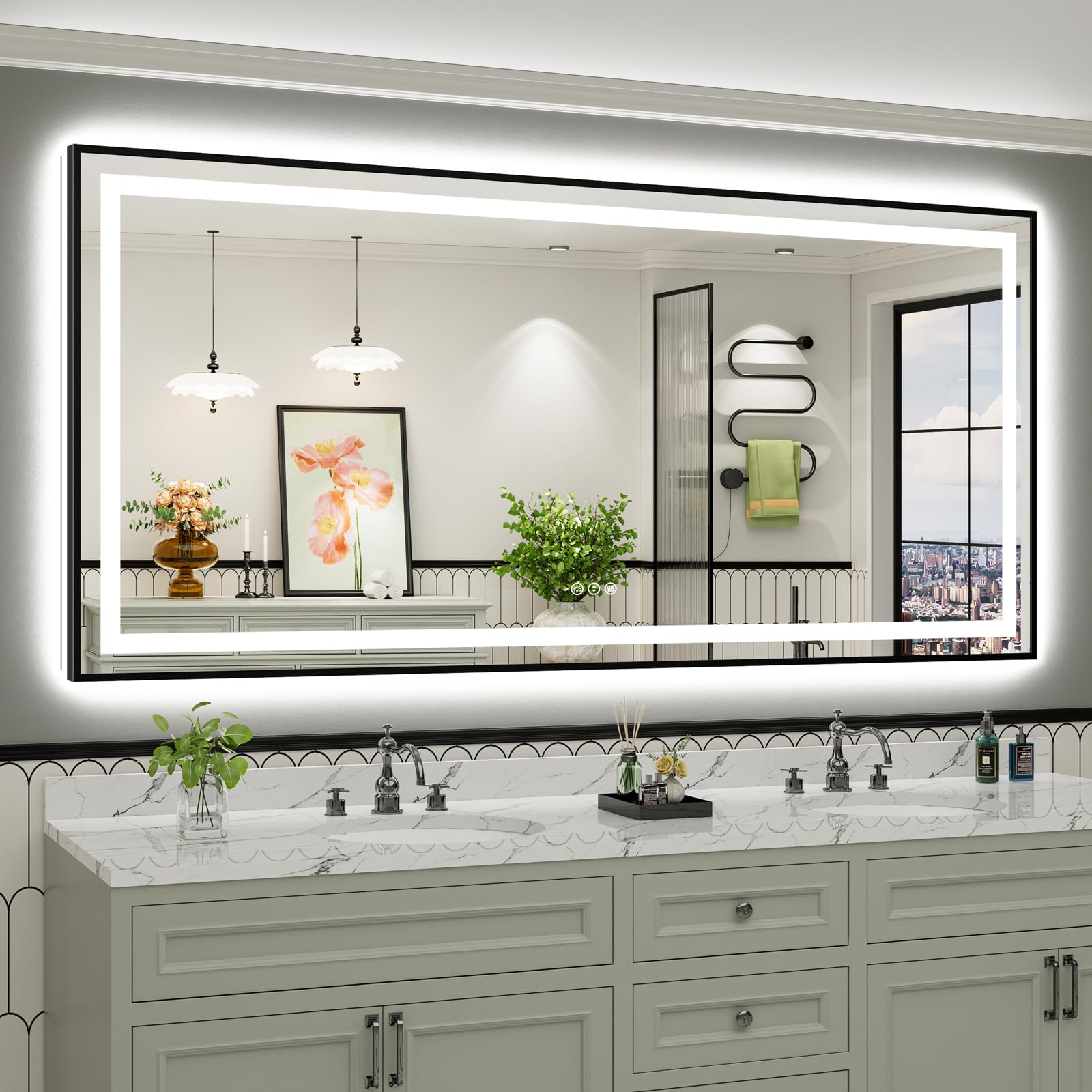 84x40 Inch LED Bathroom Mirror with Black Frame, Backlit &amp; Front Lit